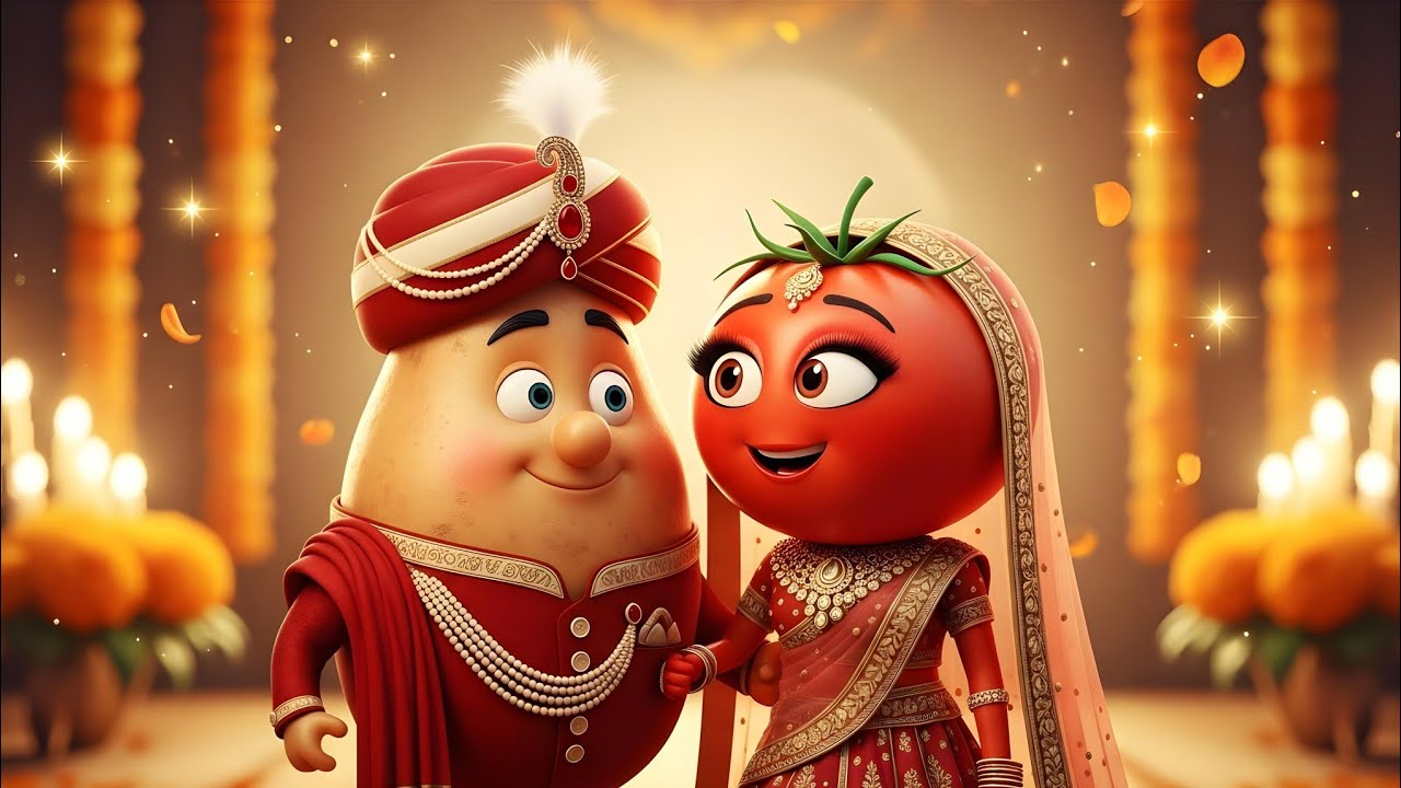 आलू और टमाटर की बारात | Aalu–Tamatar Ki Baraat! | Kids Wedding Song | Funny Veggie Dance Animation