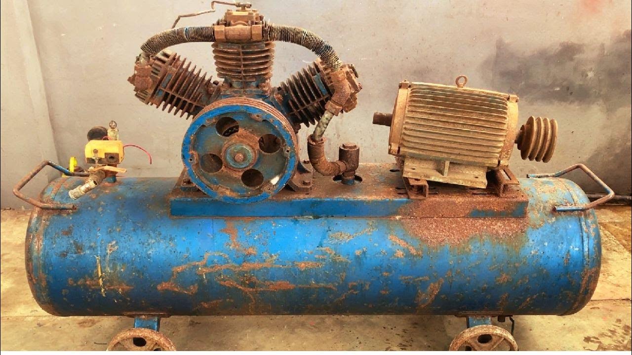 Old Rusty Damaged Large Capacity Air Compressor Restoration