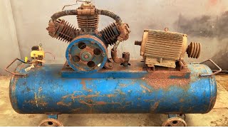 Old Rusty Damaged Large Capacity Air Compressor Restoration \/\/ Restoring Old Air Compressor Engine