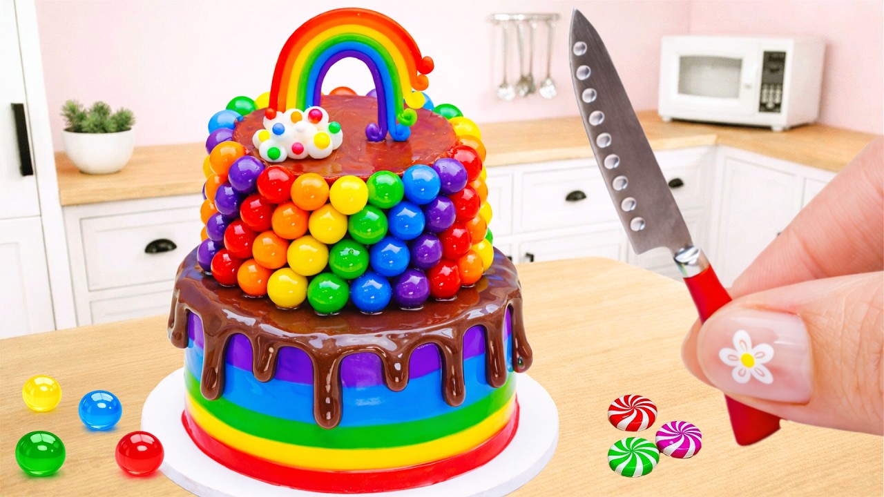 Miniature Rainbow Cake 🌈🍫 Chocolate Drip M&M Decorating | Mini Baking – Amazing Cake