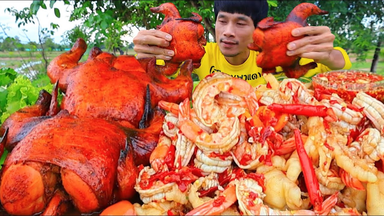 ตำเล็บมือนางไก่อบจิ้มซีฟู๊ดแกล้มผักสดแซ่บคักอีหลีครับพี่น้องMUKBANG EATING SHOW