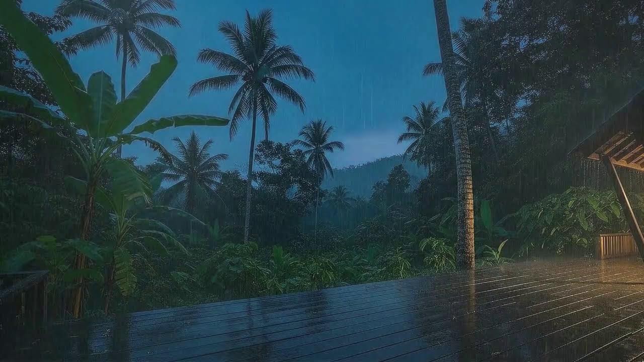 Sleep Faster with Warm Rain and Rolling Thunder Echo at Wooden Cabin Terrace 🌧️