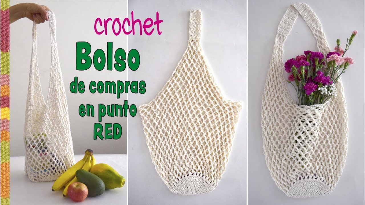 Bolso De Compras Ecologico Tejido A Crochet En Punto Red Con Hilo