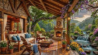 Fresh Morning at Calm Porch Ambience | Rainy Spring Jazz &amp; Crackles Fireplace for Wonderful Mood