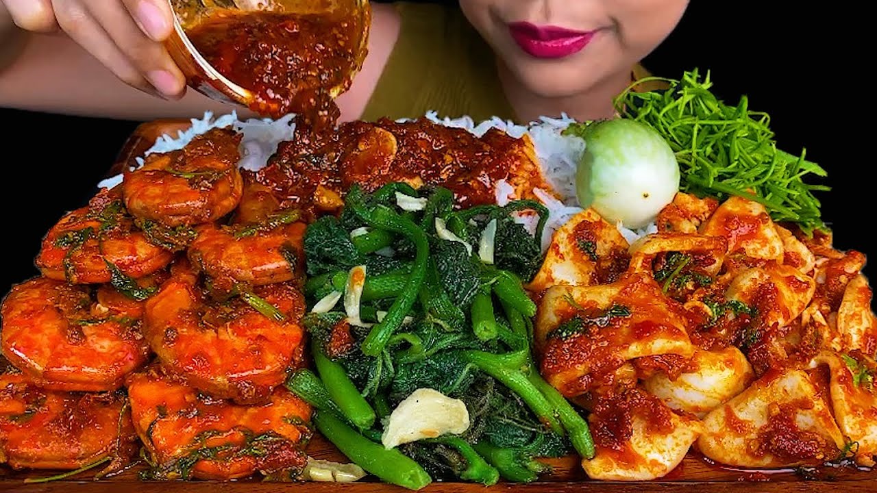 MUKBANG\\SPICY SHRIMP, SPICY SQUID, STIR FRIED PUMPKIN LEAVES & WHITE RICE