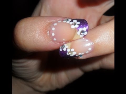 Tutorial nail art fiori su french viola glitterato- Simple flowers on violet nails