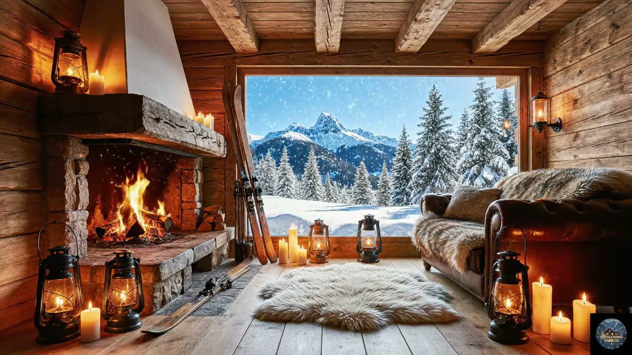 Cosy Cabin Ambience- Crackling Fireplace & Snowy Mountain Views | Warm Winter Retreat