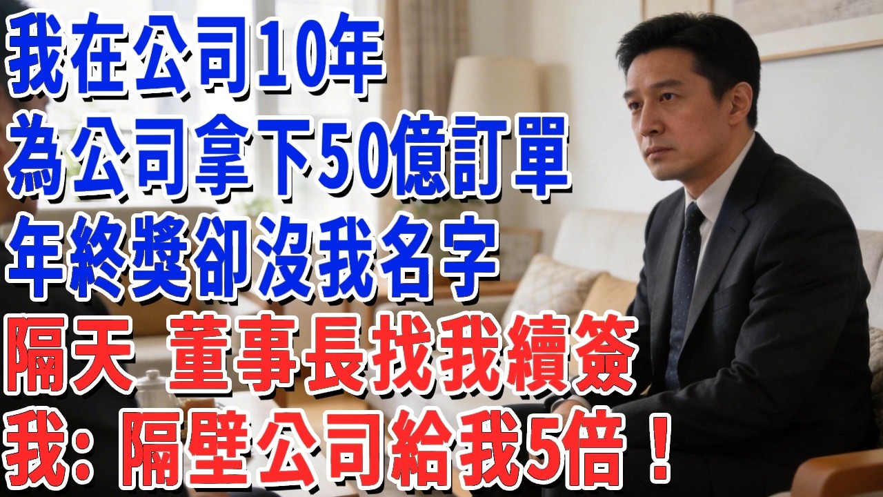 我在公司10年，為公司拿下50億訂單，年終獎卻沒我名字，隔天 董事長找我續簽，我：隔壁公司給我5倍！#月心講故事 #情感故事 #老年生活