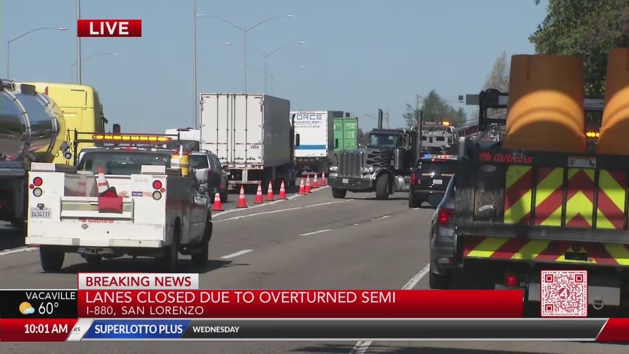 Overturned big rig halts interstate traffic in San Lorenzo - YouTube