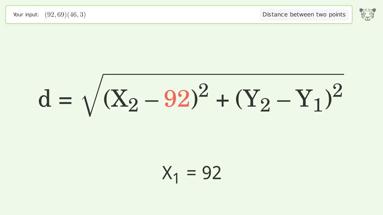 Find the distance between two points p1 (92,69) and p2 (46,3): Step-by-Step Video Solution