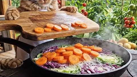 Chef Cat Cooks Garden Fresh Vegetable Stew in the Sunlight