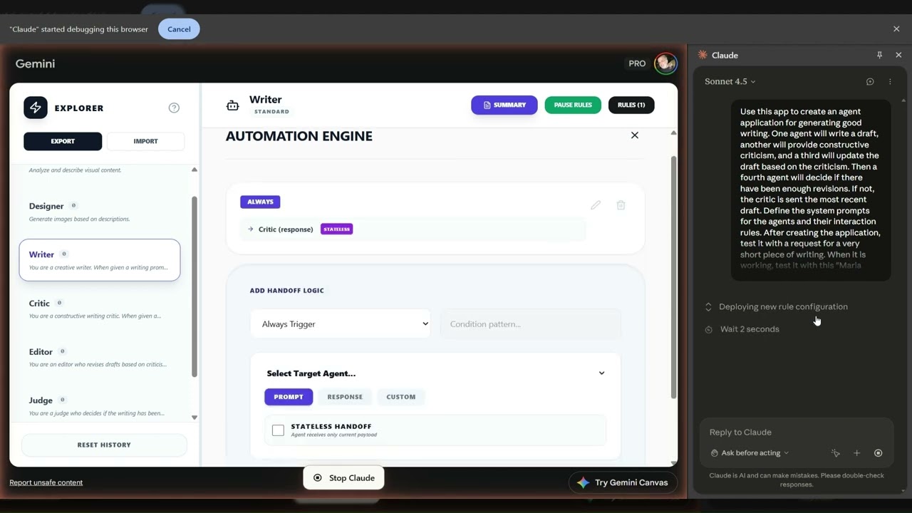 Claude on Chrome creating a writing agent application