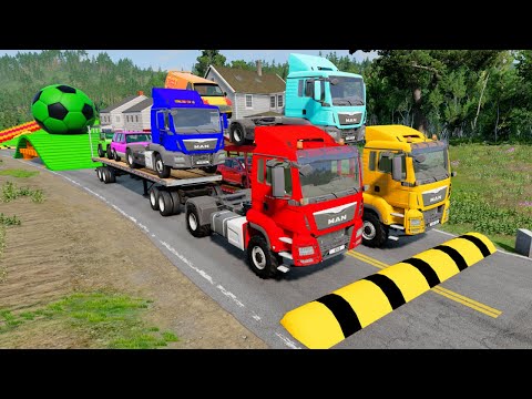 Double Flatbed Trailer Truck vs Speedbumps Train vs Cars | Tractor vs Train Beamng.Drive 06