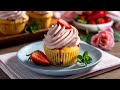 Briose cu capsuni si crema de mascarpone foarte pufoase si pline de fructe