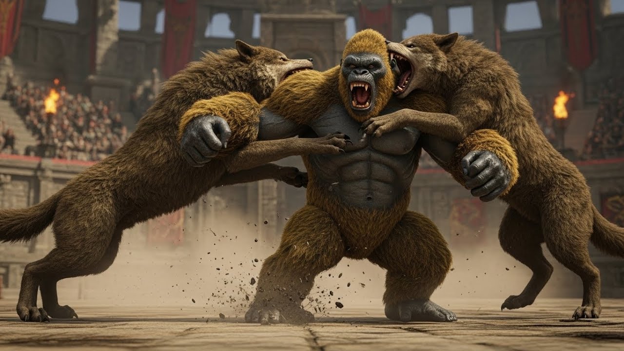 KING KONG Forced to Fight in the Roman Colosseum | First Battle Against 2 Prehistoric Wolves .