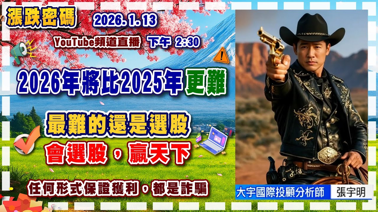 2026.1.13 張宇明台股解盤   2026年將比2025年更難！最難的還是選股！會選股，贏天下！【
