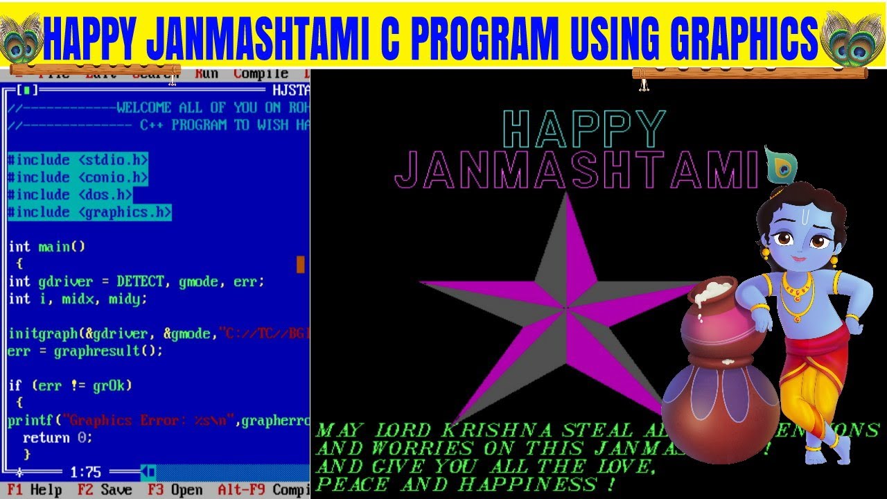 Happy Janmashtami c program using graphics || Janmashtami coding in c || Rohit Tech Study |c coding