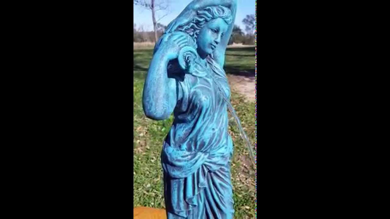 Lady on pedestal w/ pale of water concrete fountain statue YouTube