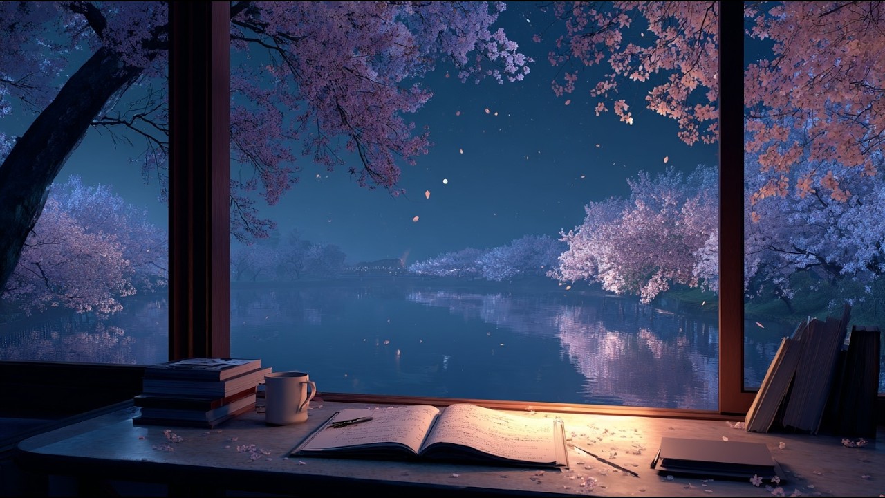 Cherry Blossom Pond Desk View 🌸 Falling Petals & Quiet Focus Piano