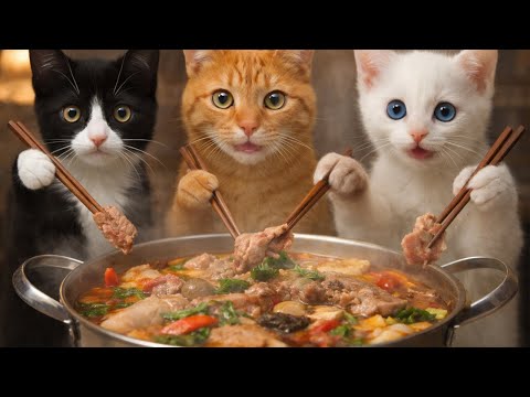 Cat cooking fish hotpot