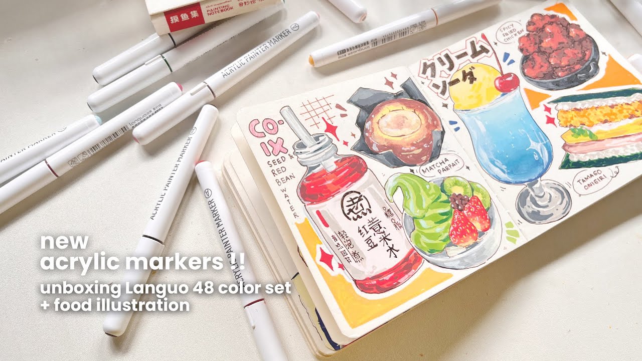 ˚˖ new acrylic markers !! unboxing languo 48 color set // food illustration ˖ ˚