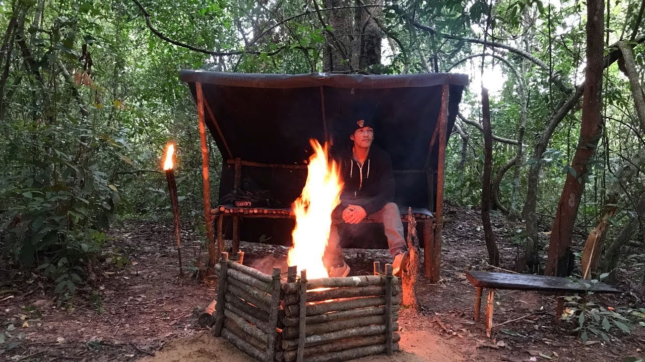 Bushcraft camp | Building Survival shelter Deep in the forest , cooking ...