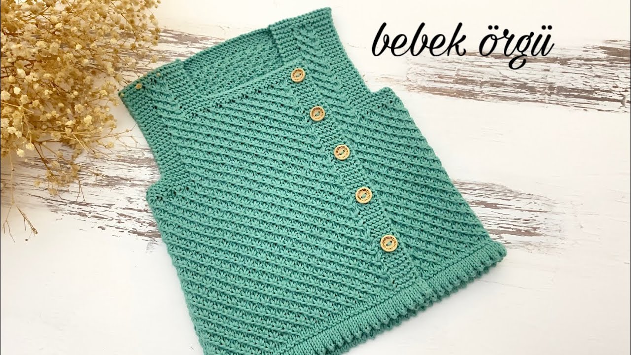 Yıldız örgü modeli yandan düğmeli bebek örgü yelek yapımı