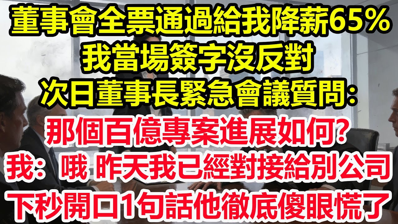 董事會全票通過給我降薪65%，我當場簽字沒反對，次日董事長緊急會議質問：那個百億專案進展如何？我：哦 昨天我已經對接給別公司！下秒開口1句話他徹底傻眼慌了#情感 #爽文 #職場 #生活 #總裁