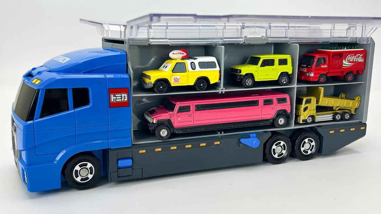 トミカ☆ミニカーをひとつずつコンボイへ!開封して収納していく☆ハンバーガー車&船☆Tomica Mini Cars☆ Loading one by one Driving Test