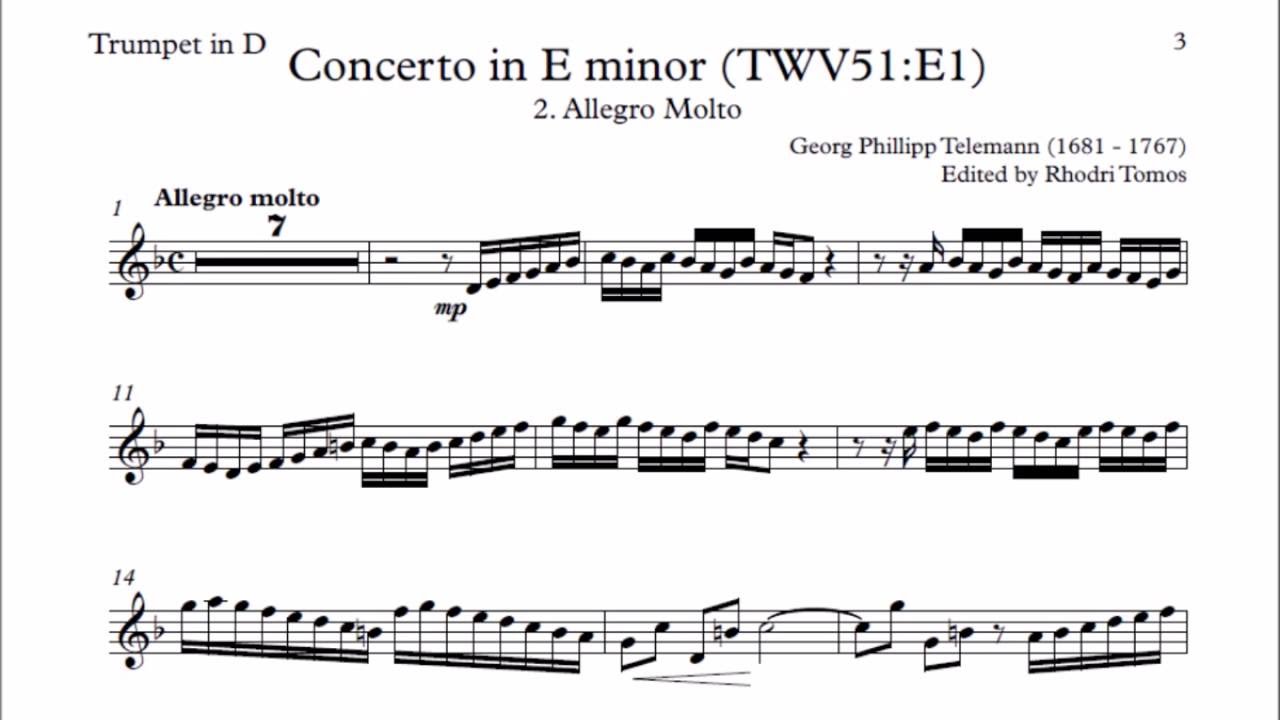 Sheet music Trumpet Telemann Concerto E minor TWV51 E1 2. Allegro Molto YouTube