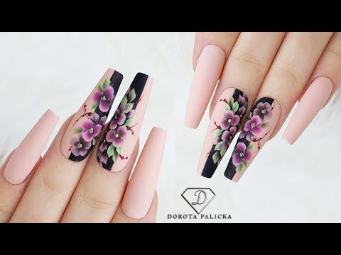 Autumn nail art with one stroke flowers using acrylic paints.