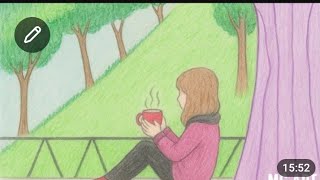 Easy Girl Sitting Scenery Drawing | Step by Step Color Drawing for Kids & Beginners