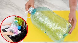 Don't throw large plastic bottle. It will come in handy under kitchen sink