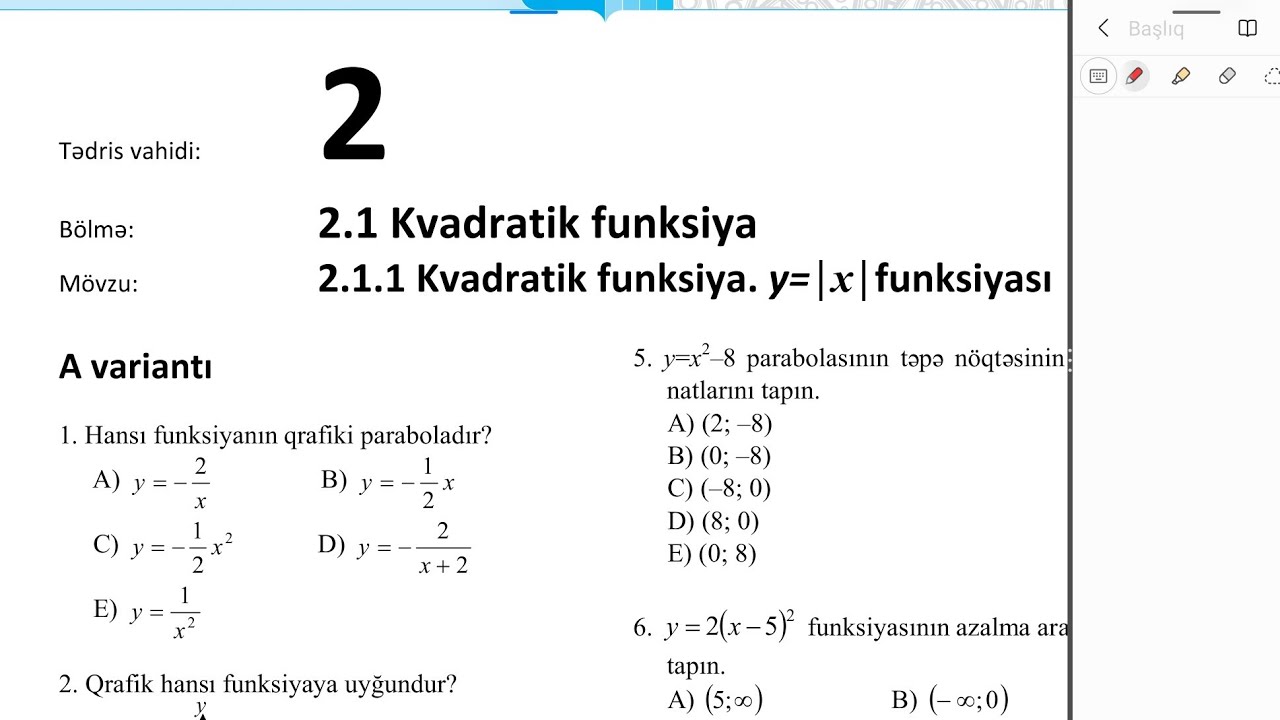 DİM IX ,Kvadratik funksiya ,A variantı