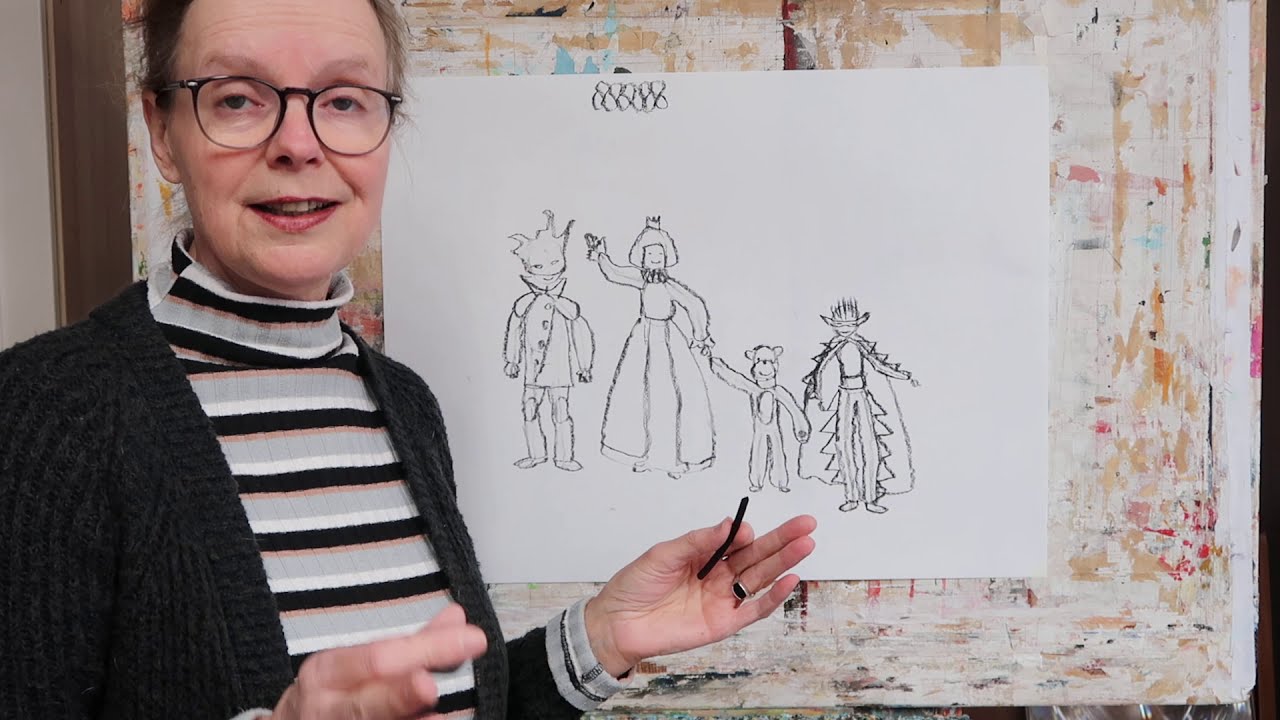 les 7 een optocht tekenen met verkleden mensen