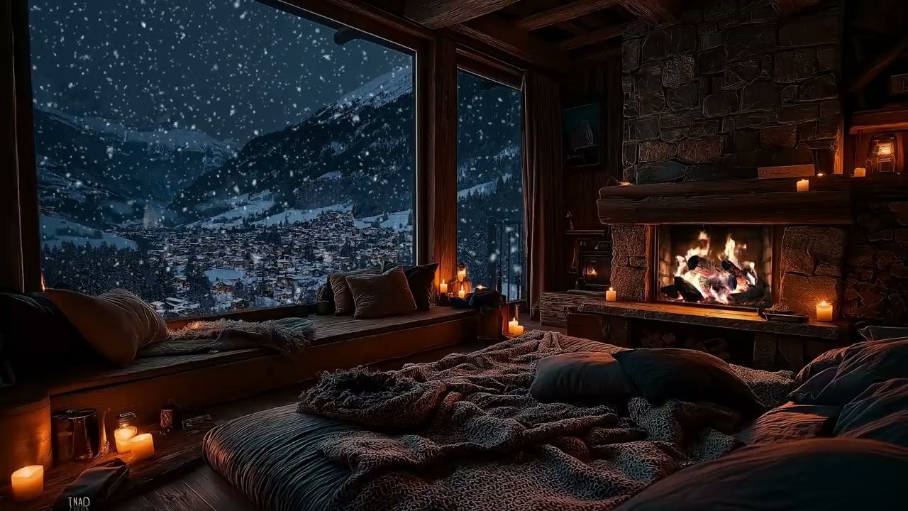 (No Ads) Soft Fireplace Fire and Cold Winter Wind | Calm Cabin Night Ambience