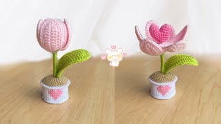Tulipán en maceta a crochet 💕San Valentín - flores tejidas 🤑