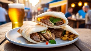 Λαχταριστό ελληνικό φαγητό του δρόμου: γύρο, σουβλάκι, μπύρα και επιδόρπιο