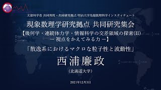 西浦廉政 (北海道大学)「散逸系におけるマクロな粒子性と波動性」