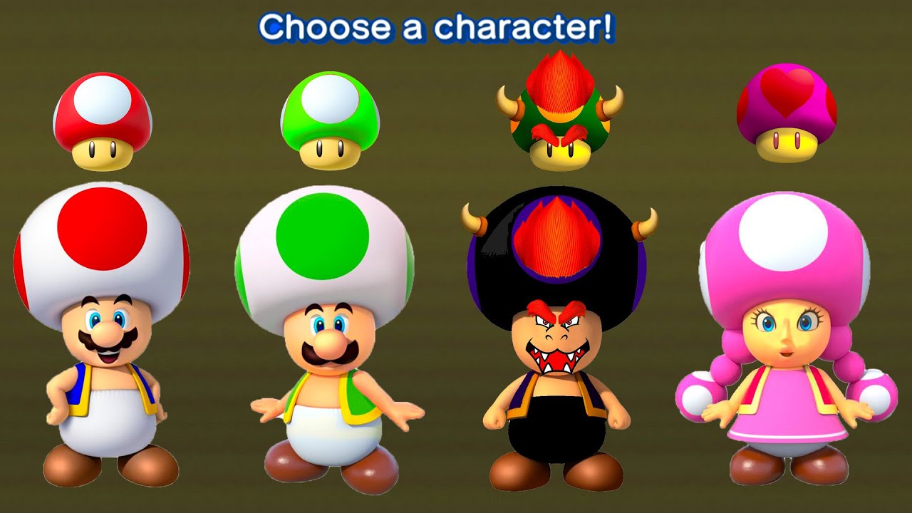 All 4x Mario Characters As Toads In New Super Mario Bros Wii Youtube 