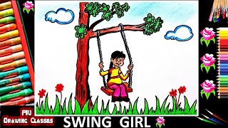 Girl Swing On Tree Drawing For Beginners / Alone Girl Swinging / Teej Drawing / Hariyali Drawing