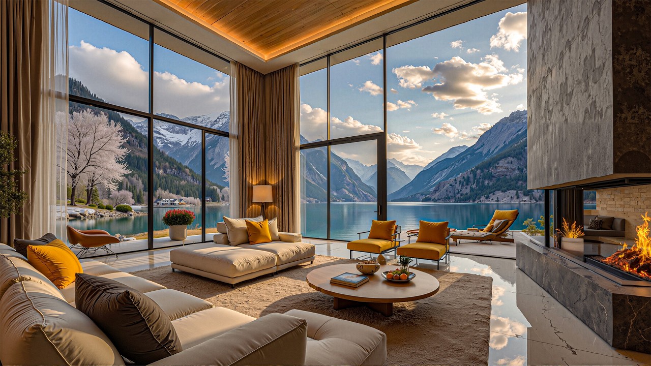 Spring Jazz And A Luxurious Lakeside Living Room – Soothing Jazz Music Against A Forest Backdrop