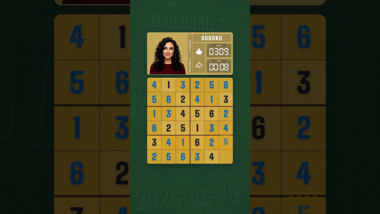 LinkedIn Mini Sudoku #309 solved board for June 16, 2026, 6x6 grid