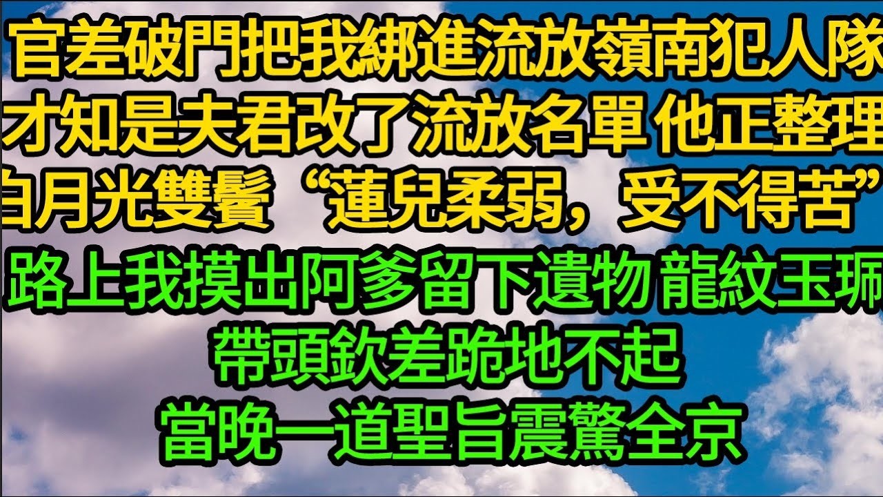 官差破門把我綁進流放嶺南的犯人，才知是夫君改了流放名單 他正整理白月光雙鬢“蓮兒柔弱，受不得苦”路上我摸出阿爹留下遺物 龍紋玉珮，帶頭欽差跪地不起 當晚一道聖旨震驚全京