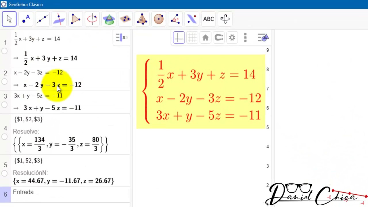 Sistema de ecuaciones 3x3 en GeoGebra
