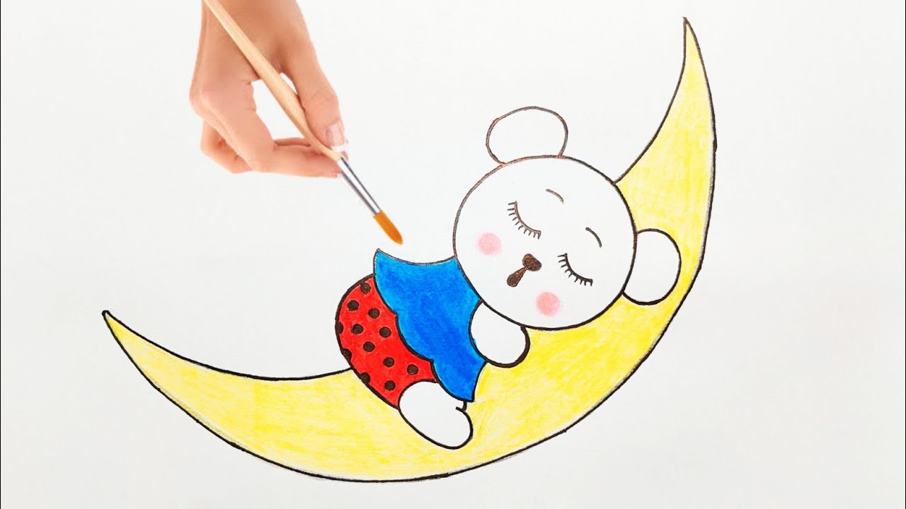 How to draw Baby bear sleeping on the moon very Easy Step by step with