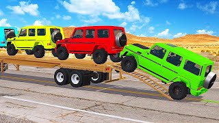 Flatbed Trailer Mercedes Cars Transportation with Truck - Pothole vs Car #002  - BeamNG.Drive