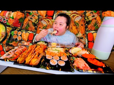 SUSHI MUKBANG 먹방 Spicy Tuna Roll + Salmon Roll + Raw Shrimp + Caviar Eating Show! (SO GOOD!)