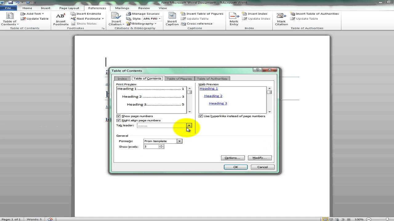 how to create table of contents in word perfect