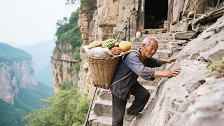 陕西68岁大爷独居半崖之上，半步之外就是万丈深渊，日常全靠近90度的垂直石梯出入【乡村阿泰】